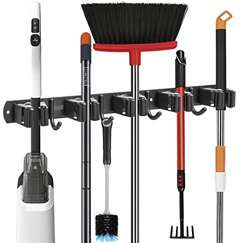 IBELL Colgador de Escobas y Fregonas con 5 Posiciones y 4 Ganchos, Colgador y Organizador Soporte Escobas pared Adhesivo de Acero Inoxidable, Sujeta Escobas para Garaje, Cocina, Baño, Jardín Cover