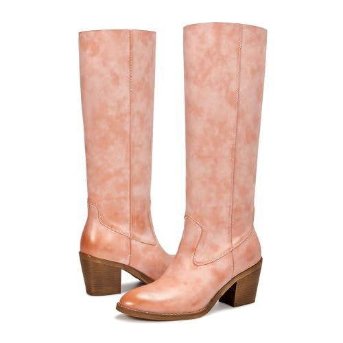 Image of wetkiss Women's Knee High Cowboy Boots | Western Cowgirl, Embroidered Pointed Toe, PU Leather, Chunky Heel, Pull On Tall