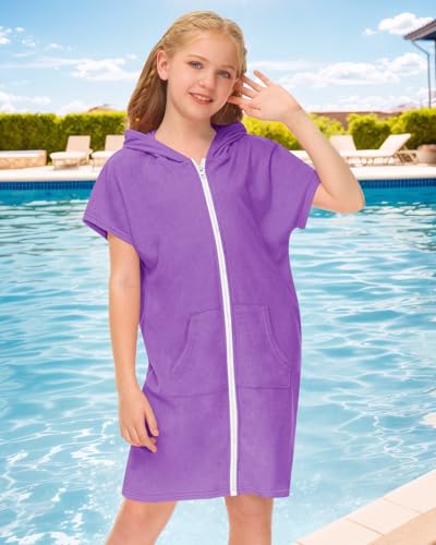 Image of BesserBay Unisex Kids Terry Cloth Swim Cover Up Zip Up Hooded Bathrobe with Pockets 3-14 Years