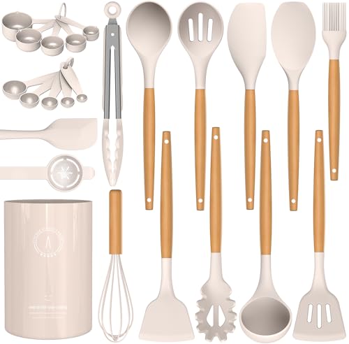 Silicone Cooking Utensils Set - AVGPD Silicone Kitchen Utensils for Cooking Wooden Handles, 446°F Heat Resistant Kitchen Utensil Spatula Sets w Holder, Gadgets for Non-Stick Cookware BPA FREE (Khaki) by AVGPD - Image 9