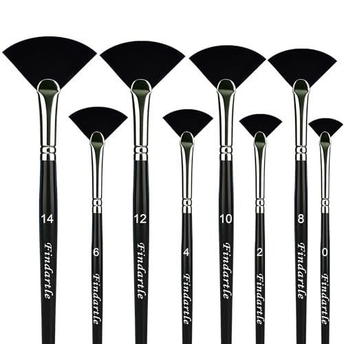 Findartle Fan Paint Brushes, 8 Pcs Nylon Fan Brushes for Watercolour Acrylic Oil Gouache,Artist Paint Brush for Detail Blending,Background Sweeping, Grass Texture,Edge Softening (Black)