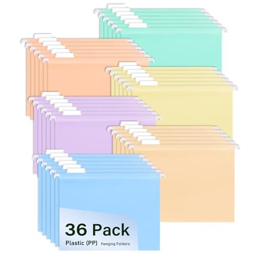 WORPSON 36 Pcs, A4 Suspension Files, Multi-Color Plastic Hanging File Folders for Filing Cabinets, with Tabs & Card Inserts, Ideal for Office, School, and Home Organization (36 Pcs, Multi-Color)