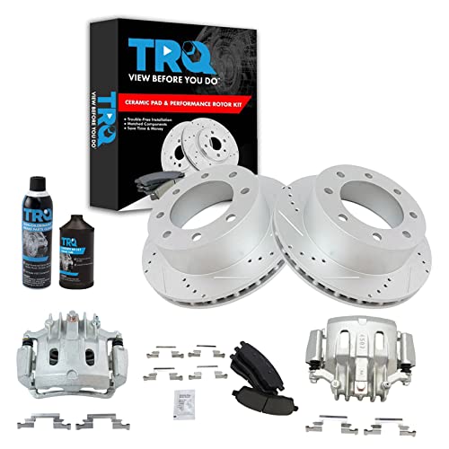 Image of TRQ Performance Rear Brake Pad & Rotor Kit Premium G-Coated Slotted X Drilled Ceramic Compatible with 2000-2005 Ford Excursion 2000-2004 F-250 Super Duty F-350 Super Duty