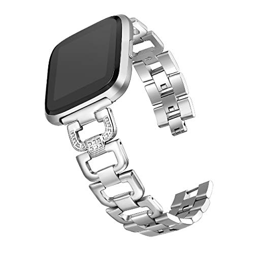 bayite Bling Bands Compatible with Fitbit Versa/Versa 2, Stainless Steel D-Link with Rhinestones, Silver 5.5