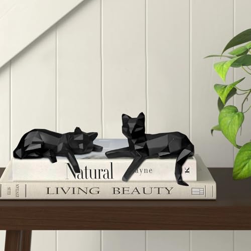 Bookshelf Decor Cat Statue, Modern Geometric Cat Figurines for Living Room Office Shelves Coffee Table Desk Decor – Set of 2 Minimalist Animal Statues (Black) - Image 4