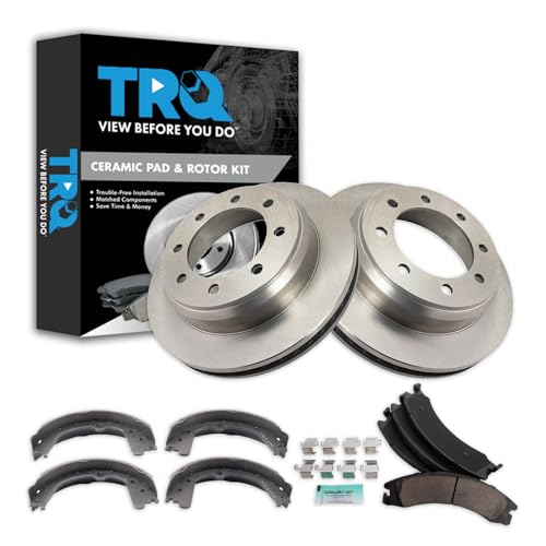 Image of TRQ Rear Brake Pad and Rotor Set Ceramic Parking Brake Shoes Compatible with 2008-2014 Ford E-150 E-250 2008-2019 2021 E-350 Super Duty