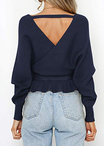 Image of ZESICA Women's Fall 2026 Wrap V Neck Long Batwing Sleeve Belted Waist Ruffle Knitted Sweater Pullover Top