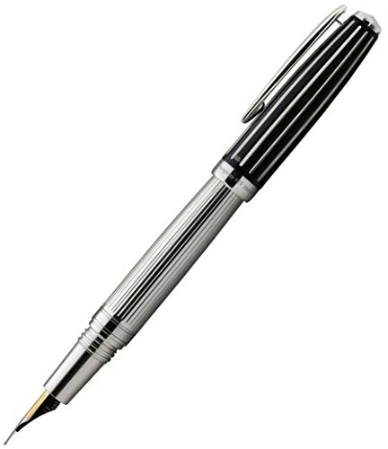 Xezo Incognito Solid 925 Sterling Silver Fountain Pen, Fine Nib. Pure Platinum Plated With Black Lacquer Accents. Handcrafted, Limited Edition, Serialized #TOP2