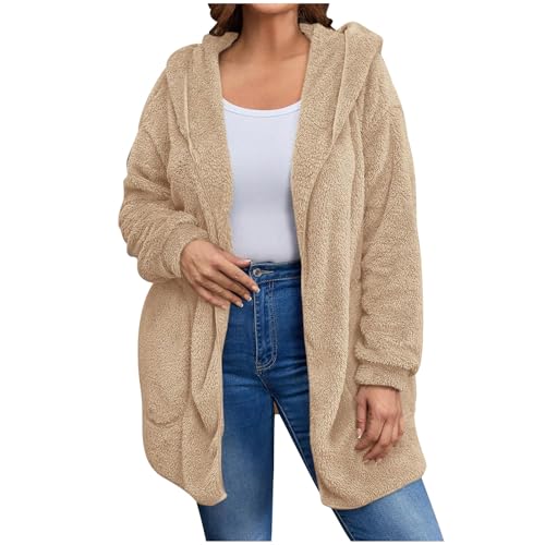 Image of Women's Sherpa Fuzzy Jacket Hoodie Open Front Fleece Hooded Jackets Cardigan Warm Outerwear Fall Coat with Pockets