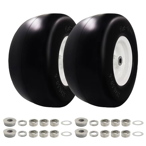 2 PCS Premium 13x6.5-6 Flat Free Tire and Wheel for Lawn Mowers & Zero Turn Mowers, with 3/4" & 5/8" Grease Bushing and 4"-7.2" Centered Hub, Solution for Commercial Grade Lawns, and Garden Turf
