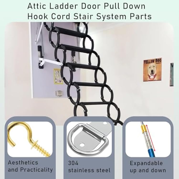 Attic Ladder Pull Down System, Ladder Attic Stairs Door Pull Down Hook System Kit with 60 Telescoping Pole and 304 Stainless Steel Pull Ring
