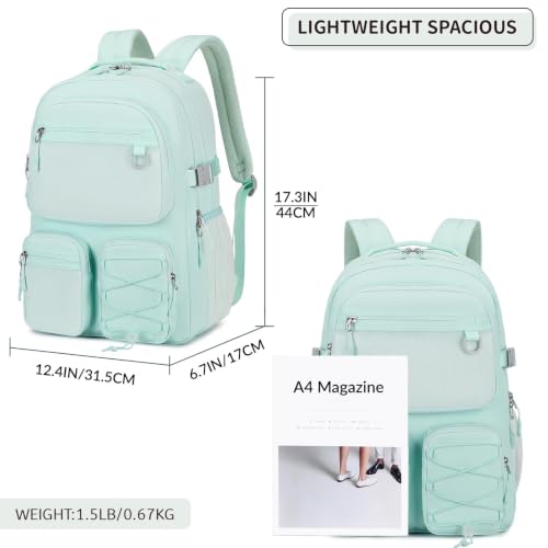 Image of Lohol Multi-Pocket Backpack for School College Travel, Heavy Duty Big Bookbag with 15.6 inch Laptop Compartment, Light Green