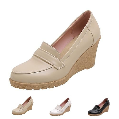 Women's Slip on Round Toe Wedge Pumps,Fashion Hand Stitching Cozy Hiking Platform Loafers Office Work Wedding Party Dress Elegant High Heel Shoes