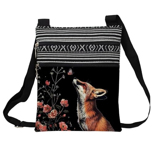 Floral Fox Messenger Bag Small Ethnic Pattern Printed Adjustable Strap Crossbody Zipper Bag Floral Fox Phone Bag Wallet Cute Shoulder Handbag for Women Friends -4