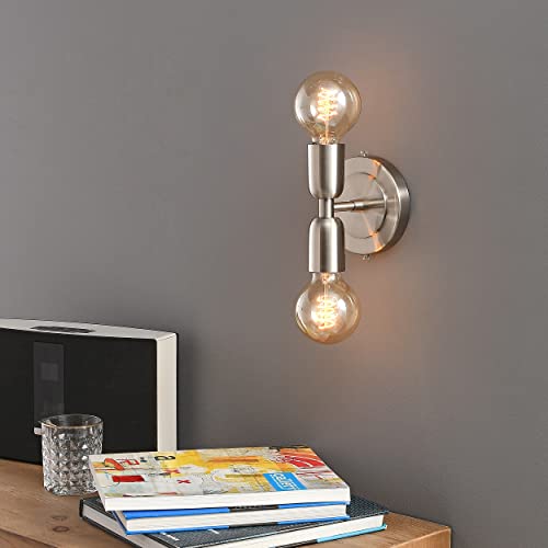 Image of BRIGHTTIA Luna Duo 2 Light Wall Sconce - Mid Century Modern Fixture for Wall & Ceiling - Minimalist Edison Lamp for Hallway and Bathroom Vanity - Brushed Nickel (BW0026-2N)