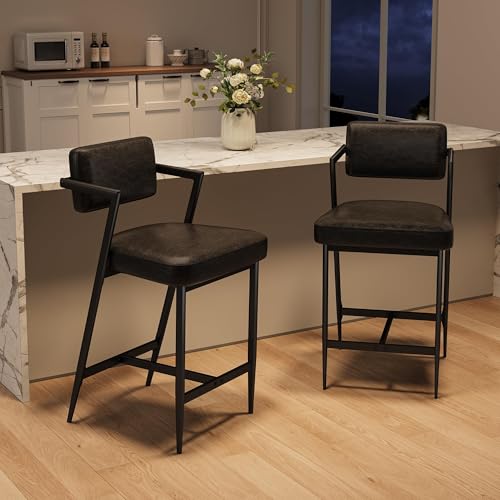 Bar Stools Set of 2, Upholstered Counter Height Bar Stools with Backrest and Footrest, Tall Bar Chairs Thick Cushion & Thickened Metal Legs, with Armrest, for Island, Black by PeakPursuit - Used condition - CA$107.29