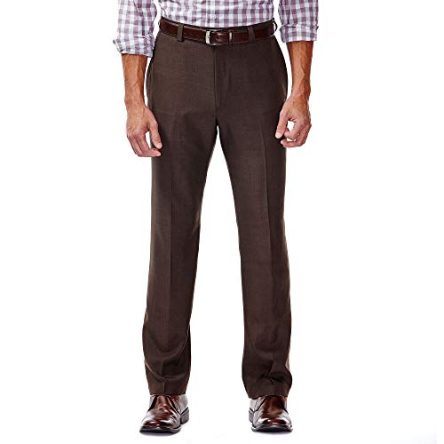 Haggar Men s Eclo Stria Expandable-Waist Plain-Front Dress Pant Brown 42x29