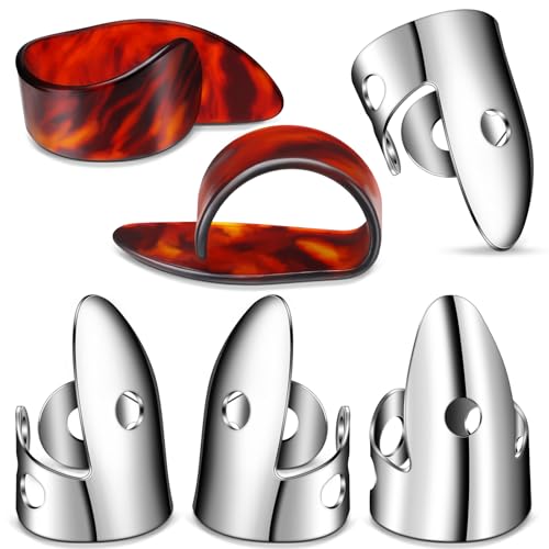 Image of Shappy 6 Pieces Banjo Finger Picks Set, Including Stainless Steel Finger Picks and Thumb Picks Metal Finger Picks Adjustable Bass Finger Picks for Guitar Banjos Instruments (Silver, Amber)