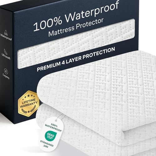 100% Waterproof Queen Mattress Protector - 360 Pad Protection Against Spills, Stains & Accidents for Parents & Pet Owners - Noiseless & Cooling Viscose Made from Bamboo (White)