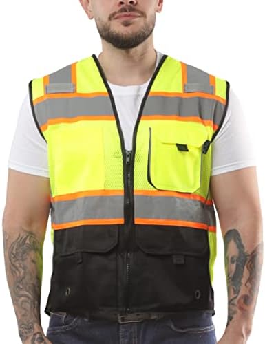 Kolossus High Visibility Mens Safety Vest APPAREL With Front Pockets, Silver Orange Reflective Tape, Bottom Class 2 ANSI/ISEA Black, Large