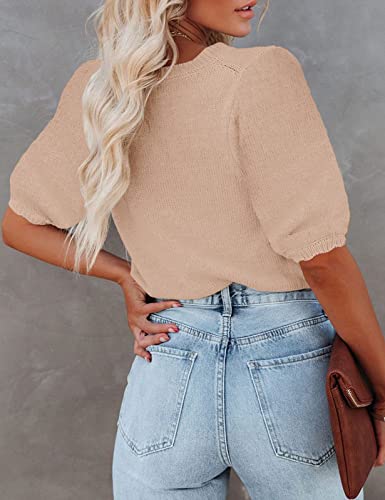 Image of Womens Short Sleeve Sweaters Crewneck Knit Pullover Tops 2025 Summer Casual Lightweight Crochet Blouse Shirt