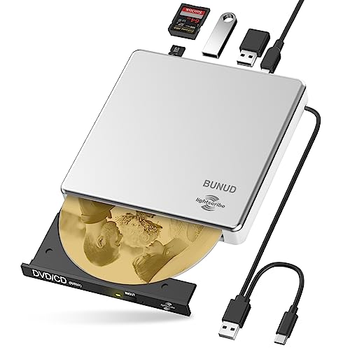 LightScribe External CD DVD Drive, USB 3.0 & Type-C Portable CD Burner DVD Reader with SD/TF Slot and 2 USB, Optical DVD Player for PC Laptop Mac MacBook Pro Air Windows Apple iMac