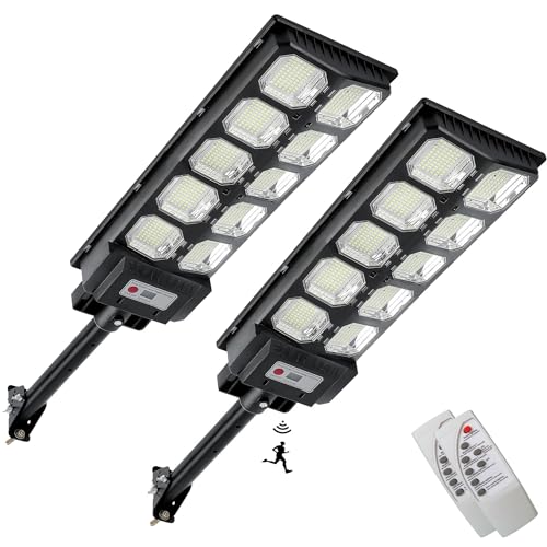 2-Pack Solar Street Lights, 600 LED 30000LM 6500K Outdoor Dusk to Dawn Motion Sensor Flood Light with Remote Control, 4 Lighting Modes, Waterproof Security Wall Lamp for Court Yard Garden Parking Lot