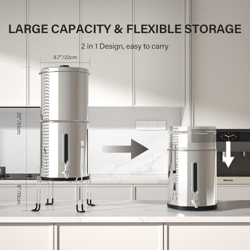 2.25G Gravity Water Filtration System - Water Level Window, NSF/ANSI 42&372 Certification,18/8 Stainless Steel Countertop Water Filter System - Reduce Up to 99.9% Chlorine, for Home, RVing