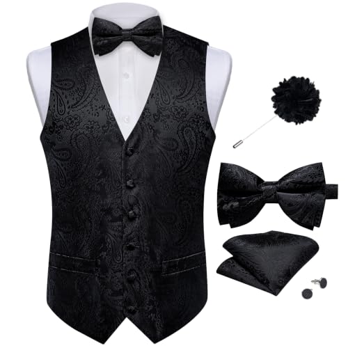 Image of DiBanGu Mens Paisley Suit Vest Bowtie Formal /Casual Dress Waistcoat | 5PCS,Vest for Men,Silk Blend,Anti-Wrinkle,Durable,Machine Wash,for Tuxedo,Wedding,Party,Prom,V-neck,2 Real Pockets