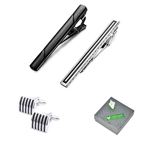 SwirlColor Pasador Corbata, 2 Piezas Barra de Corbata Moda Alfileres de Corbata Flacos y Generosos para Hombres en el Cumplea�os del Aniversario de Bodas, con 1 Par de Gemelos de Plata