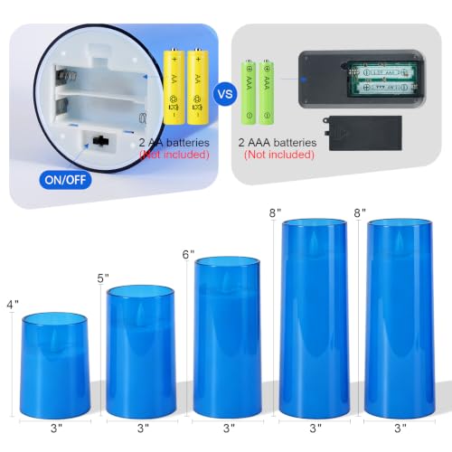 Image of Homemory Realistic Flickering Flameless Blue Candles with Remote & Timer | LED Fake Electric Pillar Candles Battery Operated for Home, Halloween, Christmas Decor, Set of 5