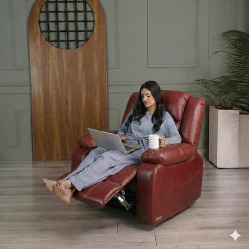 Image of Solis Royale 1 Seater Recliner Sofa Chair | Manual Recliner Lounge Sofa Chairs for Relaxing | Comfortable Cushioned | Living Room Bedroom Home, Office (Classy Calm - Charry, Classy Calm - Leatherette)