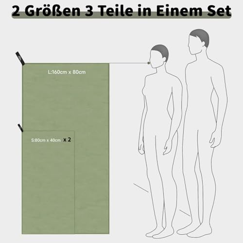 Pameil Mikrofaser Handtuch 3er Set (160x80cm Groß Badetuch +2 Stück 80x40cm Klein Handtuch), Reisehandtuch Schnelltrocknend Microfaser Handtücher für Fitness Sauna (Armeegrün)