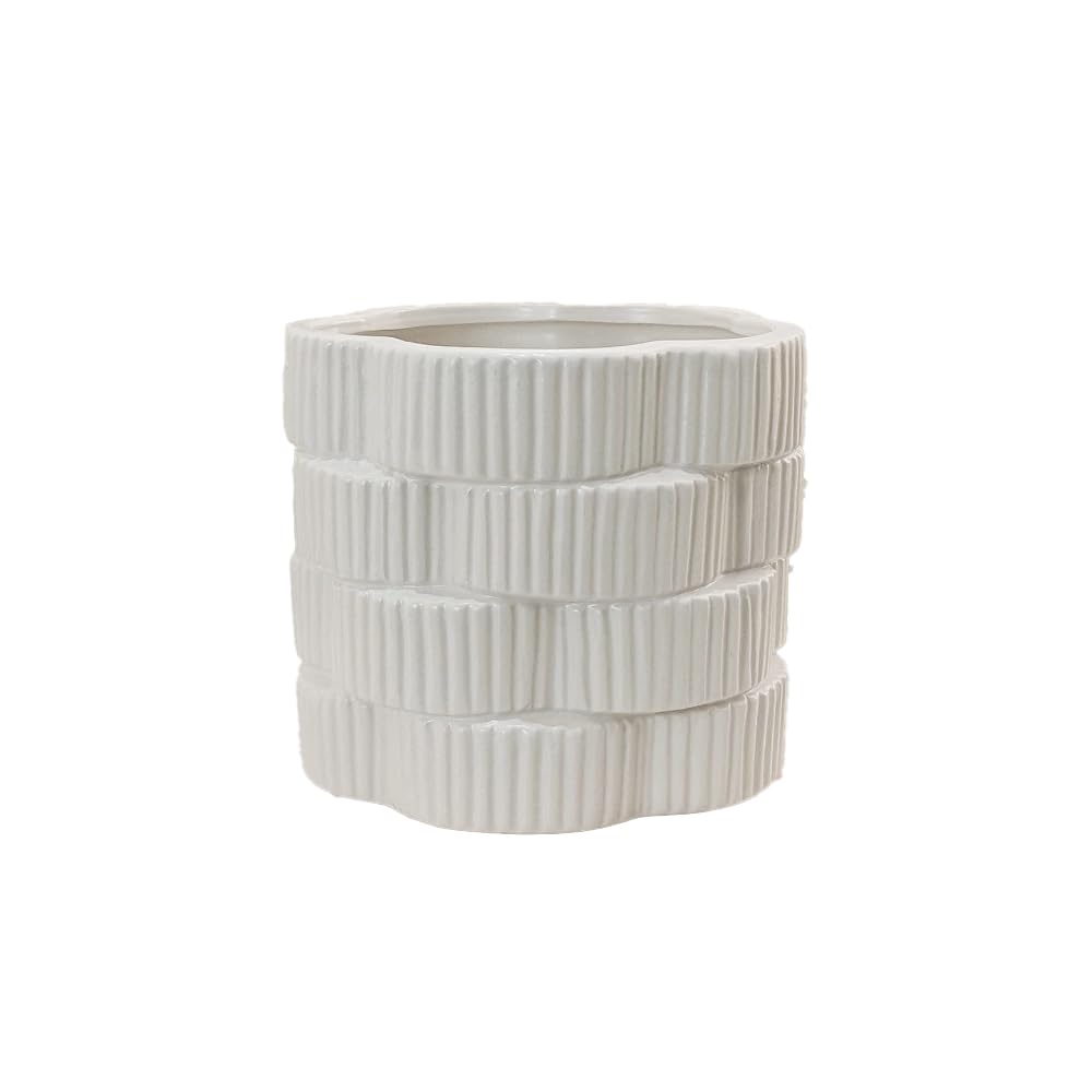 Rowen Homes White Willow Ceramic Ribbed Planter (15X13cm) - Decorative Flower Vase For Wedding, Dinner Table Or Living Room Centrepiece, Modern Home Decor - Luxury Interiors (Small)