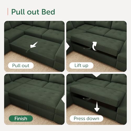Image of HONBAY Modular Sectional Sleeper Sofa with Pull Out Bed, U Shaped Sleeper Couches with Storage Chaise, 114'' Sleeper Sectional Sofas for Living Room, Apartment (Velvet Green)