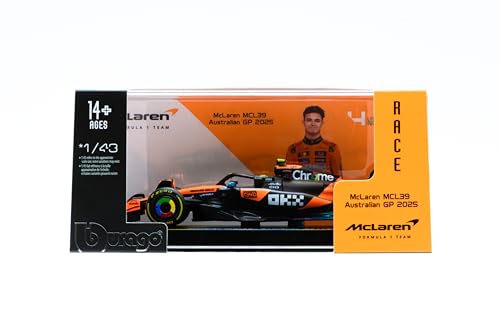 Bburago - McLaren F1 MCL39 2025#4 Norris, Auto Diecast in Scala 1:43 con Teca Espositiva, Replica Dettagliata F1 McLaren, Basetta Inclusa, Licenza Ufficiale, Età Consigliata 14+ Anni