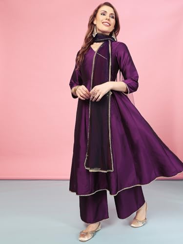 Image of A.T.U.N. (ALL THINGS UBER NICE) Cotton Women Anarkali Paneled Kurta With Palazzos & Dupatta