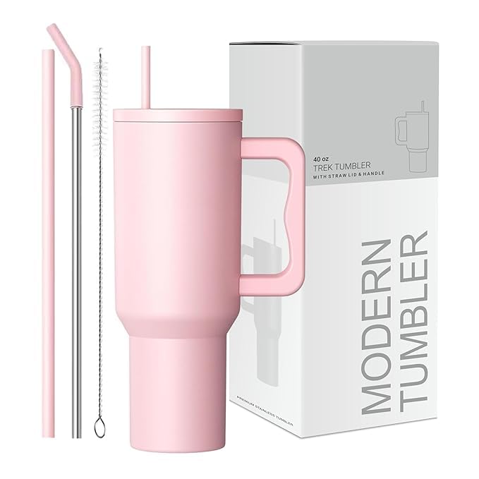 VOLITO Personalised 1200ml Tumbler with Straw & Handle|Custom Name Stainless Steel Double Wall Insulated Cup – Leakproof Sipper Mug for Hot & Cold Drinks|Travel Coffee & Water Tumbler (Light Pink)