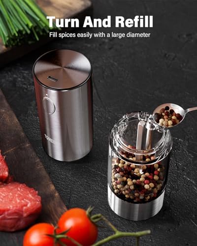 TOMEEM Upgraded Larger Capacity Electric Salt and Pepper Grinder Set Rechargeable with LED lights, Stainless Steel Automatic Pepper and Salt Grinder Refillable with 5 Adjustable Coarseness - 4