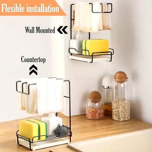 Image of Livzing 2-in-1 Metal Kitchen Sink Organizer & Towel Rack - Metal Sponge & Soap Holder with Drip Tray for Kitchen Sink, Countertop or Wall-Mount Kitchen Storage Rack - Free-Standing Rack