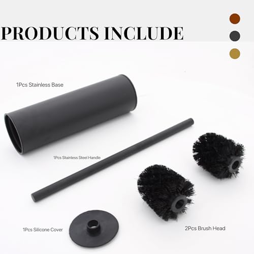 Image of Toilet Brush and Holder,304 Stainless Steel Toilet Brush with Long Brush Handle,Toilet Bowl Brush for Bathroom Cleaning,2 Bristle Heads, Black