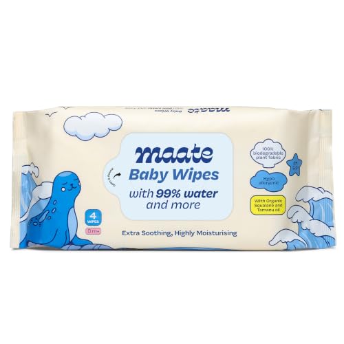 Image of Maate Baby Wipes | Soothing & Hypoallergenic | Infused With Plant Squalane, Tamanu Oil & Aloe Vera | Moisturizing & Hydrating | Wipe for Baby's | Paraben & Sulphate Free (pack of 1, 4 wipes)
