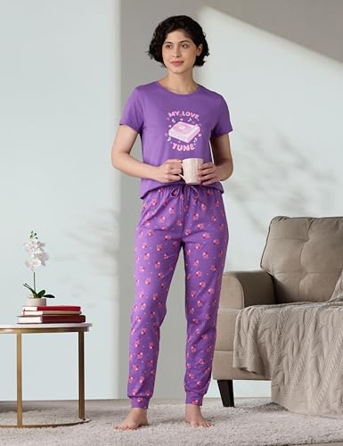 Image of Amazon Brand - Symbol Women Cotton T-Shirt and Jogger Night Suit | Two Piece Set| Regular Fit (Available in Plus Sizes)