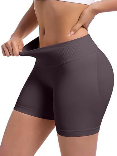 OVESPORT Pacote com 3 shorts femininos de treino sem costura para levantamento de bumbum, Chocolate/