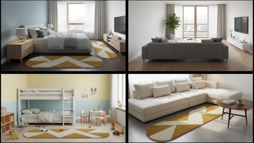 Image of Fluffy Silky Micro Fiber Polyster Carpet /Runner for Bedroom, Study Room, Playing Room, Guest Room ETC. 1.5x4 Feet, (Gold and Ivory Chevron Pattern)