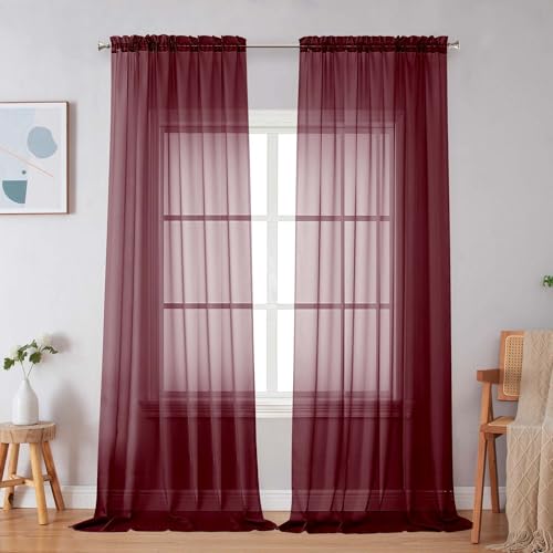 Image of Simplebrand Burgundy Red Sheer Curtains 96 Inches Long, Light Filtering Rod Pocket Solid Color Window Sheer Curtain Panels, Elegant Curtains & Drapes for Living Room, Bedroom 2 Panels, 59 inch W x 96 inch L