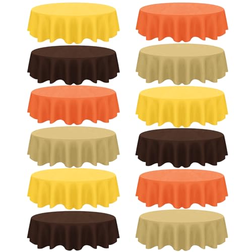 Image of 12 Pcs Fall Plastic Tablecloths Disposable Round Autumn Table Cover 84 Inch Waterproof Table Covers for Fall Harvest Thanksgiving Day Family Birthday Baby Shower Party Decorations