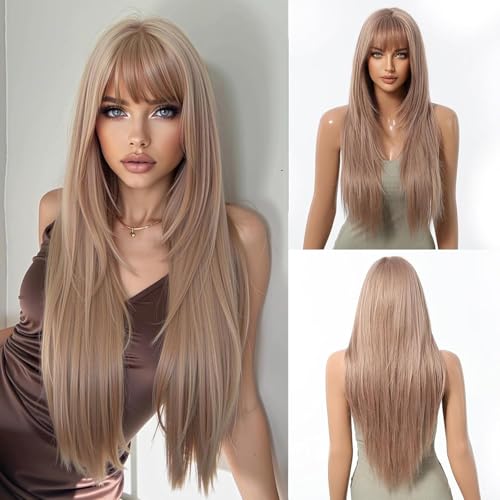 Cemuto Synthetic Wig with Bangs Glueless Long Straight Layered Wigs