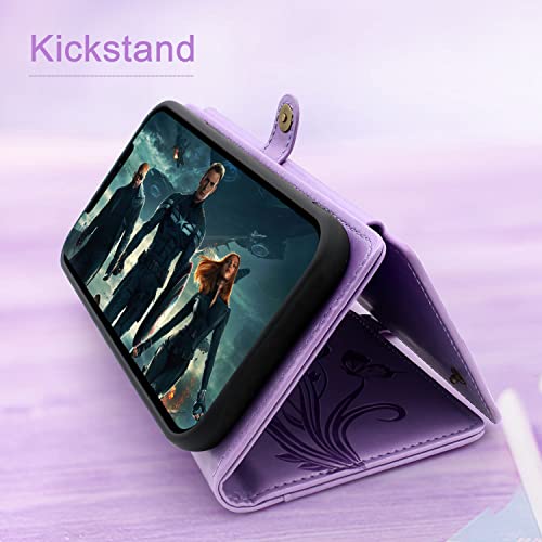 Lacass Compatible With Samsung Galaxy Z Flip 3 Flip3 5G Case [ 10 Card Slots ] Id Credit Cash Holder Detachable Magnetic Leather Wallet Phone Cover Wrist Strap Lanyard (Butterfly Light Purple) #TOP3