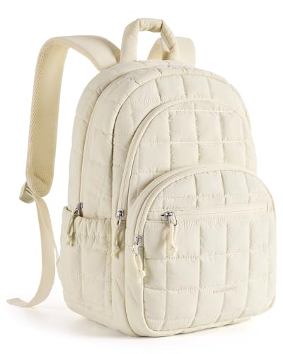 Image of BAGSMART College Laptop Backpack, Travel Backpack for Women, Quilted Casual Daypack, Water-Resistant Bookbag for 15.6 Inch Laptop, Beige